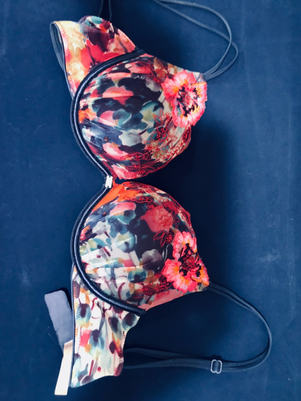 Victoria's Secret Floral Strapless Push-Up Bra in Black and Coral